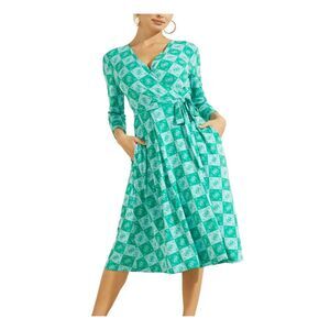 GUESS Womens Aqua  Logo 3/4 Sleeve Midi Faux Wrap Dress XS